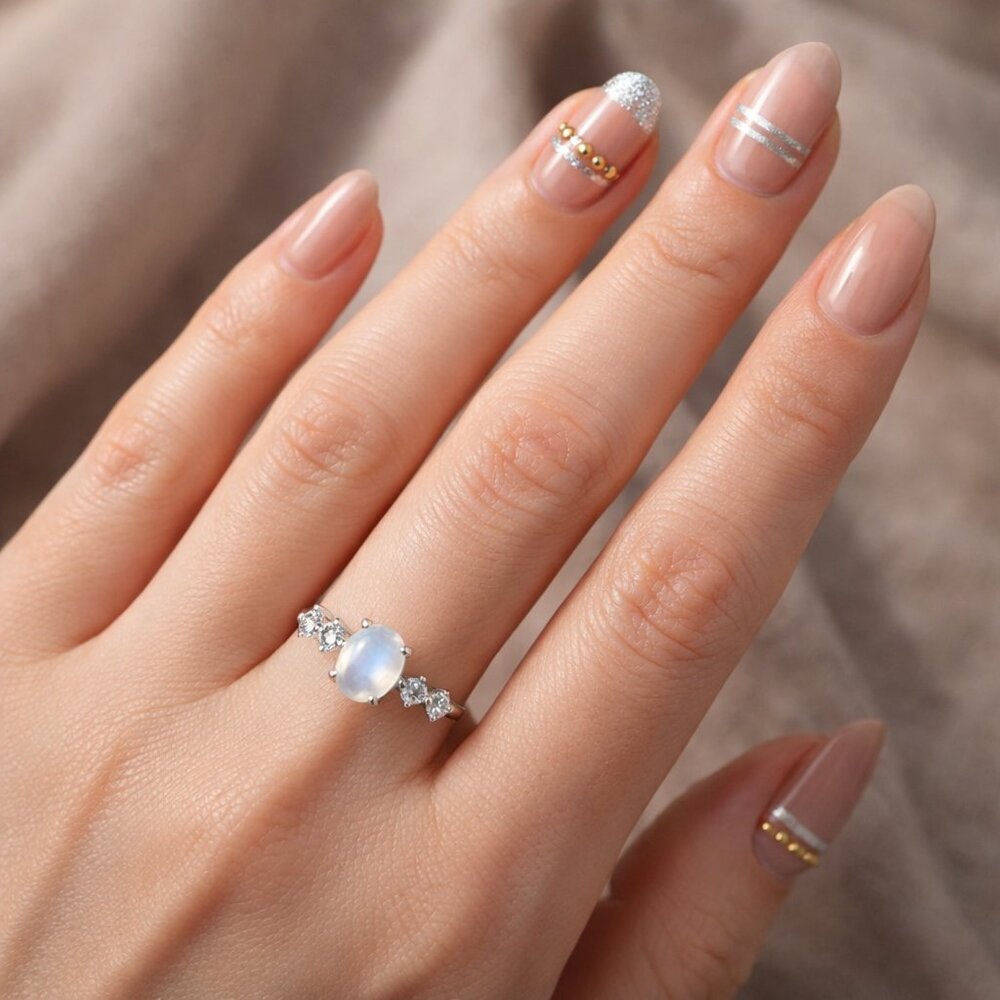 Moonstone Minimalist Ring S925 Sterling Silver Genuine Gemstone Cz Stones 60$